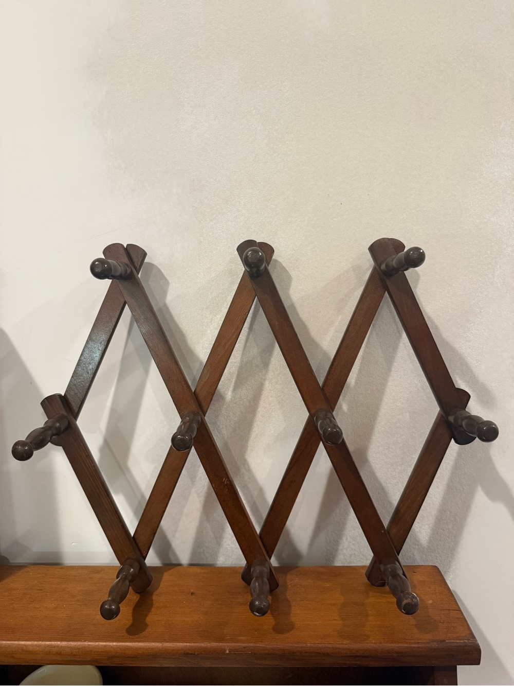 Vintage Mid Century Wooden Accordion Expandable wall rack 10-peg